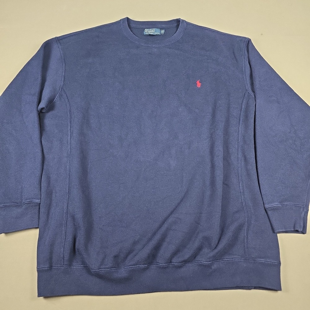 VINTAGE Polo Ralph Lauren Sweatshirt Mens XLT Navy blue Crewneck Pony Weave 90s